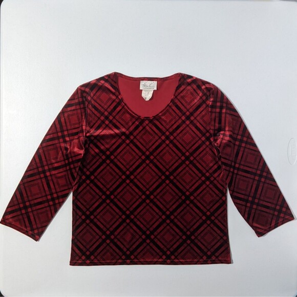 Vintage Plaid Velvet Shirt Red Black Top M Medium Kathie Lee 90s Punk Stretchy - Picture 2 of 9